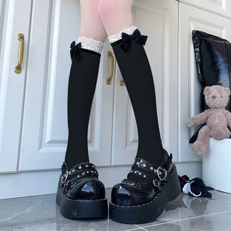 College Style Lace Black Bow Calf Socks