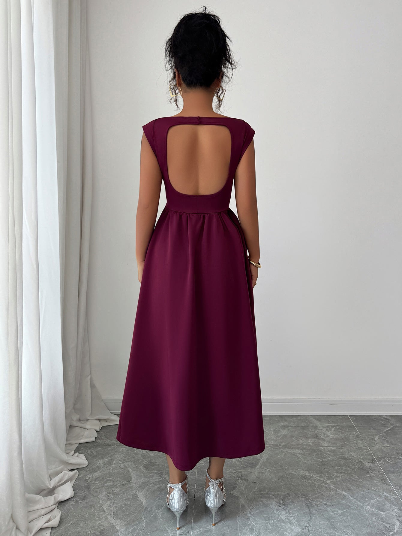 Solid Color Waist Long Skirt Dress Women