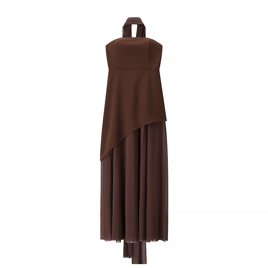 Women's Clothing Tube Top Mesh Splicing Hem Dress Sexy Solid Color