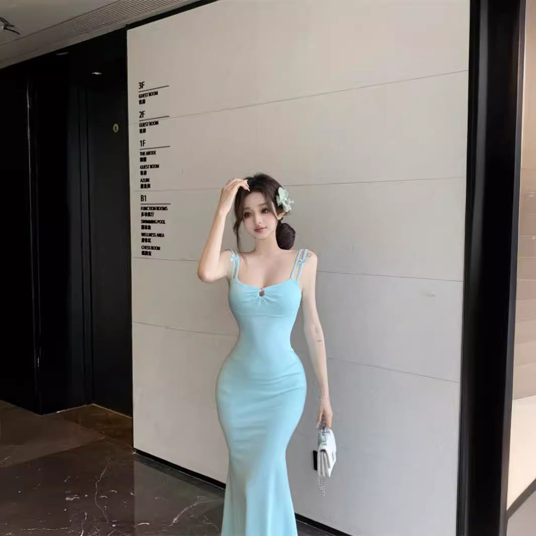 Double-shoulder Strap Sling Waist-tight Slim And Sexy Hip-wrapped Fishtail Dress