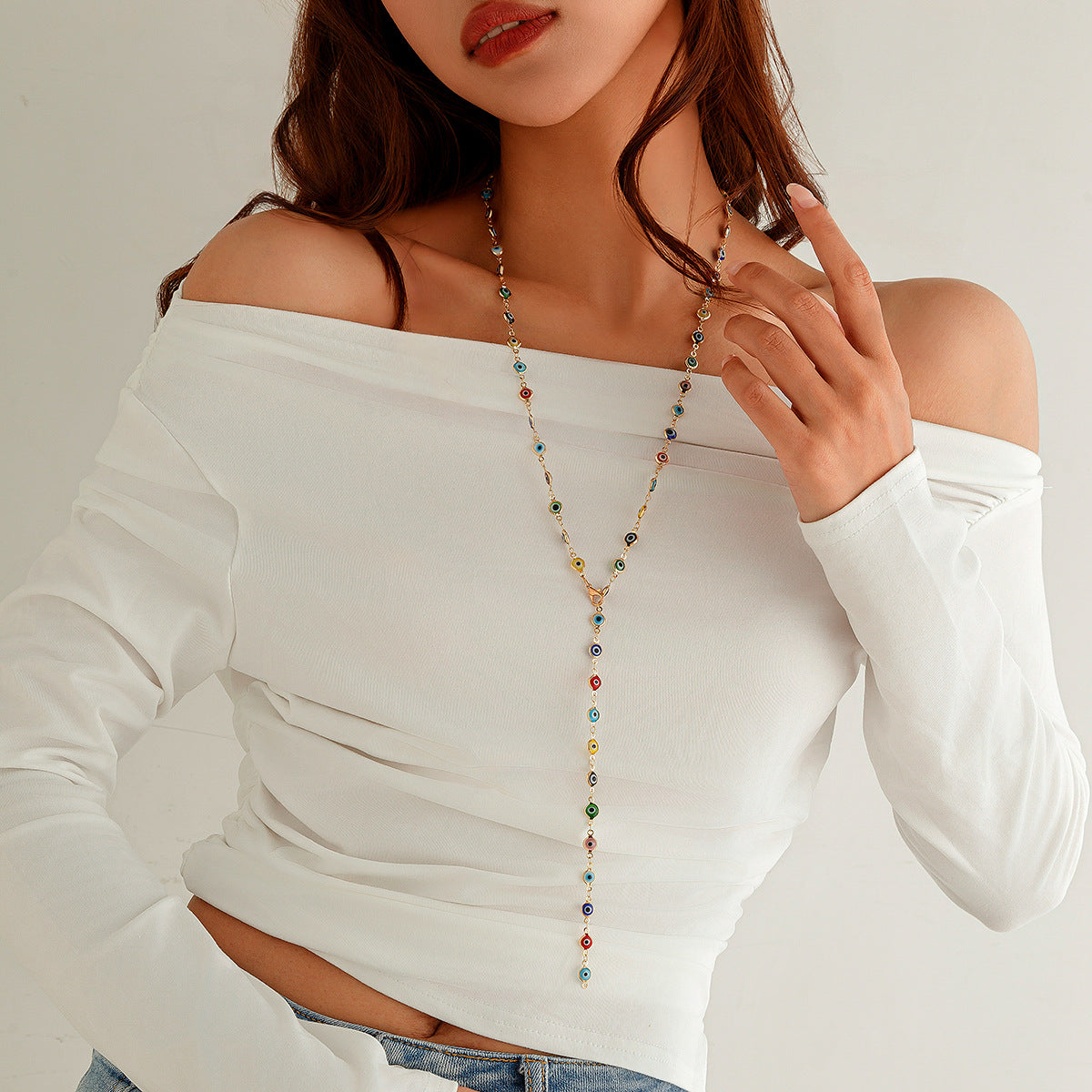 Fashionable colored crystal Y-shaped necklace, simple geometric multi-layer tassel collarbone chain
