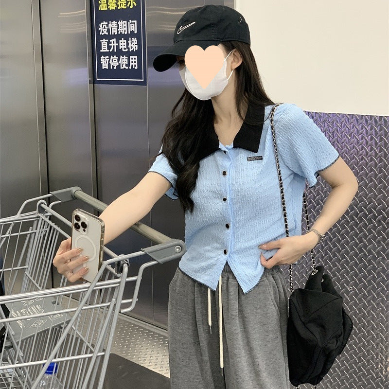 New Contrast Color Short Sleeve Shirt For Women