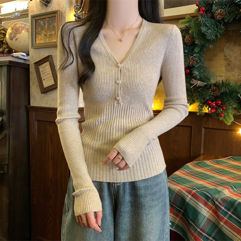 Waist-tight Slimming V-neckline Long-sleeved Women's Temperament Commute Pure Sweater