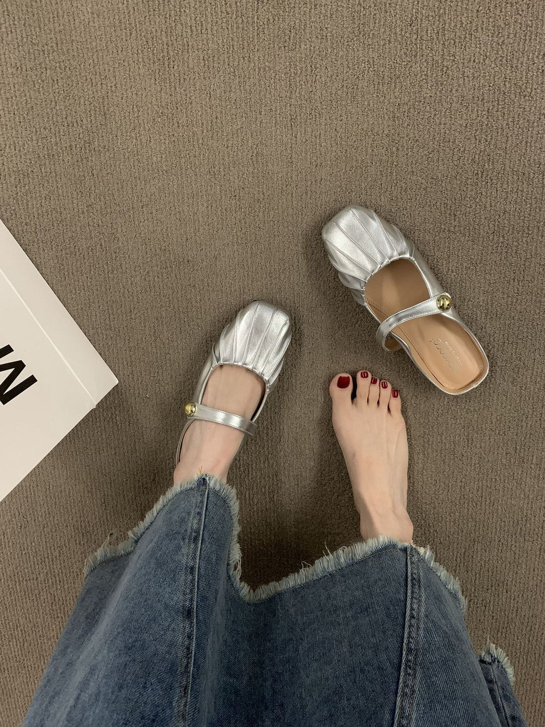 Silver Baotou Half Tuo Flat Bottom Sandals for Women's Summer Outwear New Mary Jane Muller with Skirt Sandals