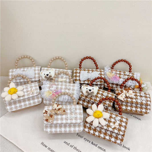 Brown Plaid Crossbody Bag Pearl Tote