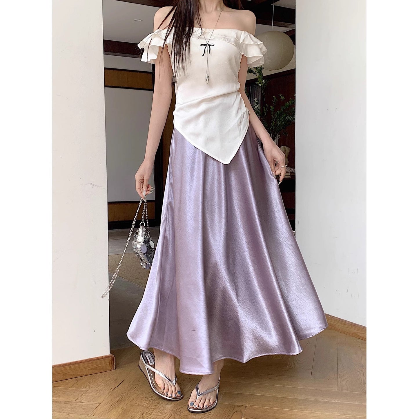 Women's Casual All-match Acetate Satin Draped Solid Skirt