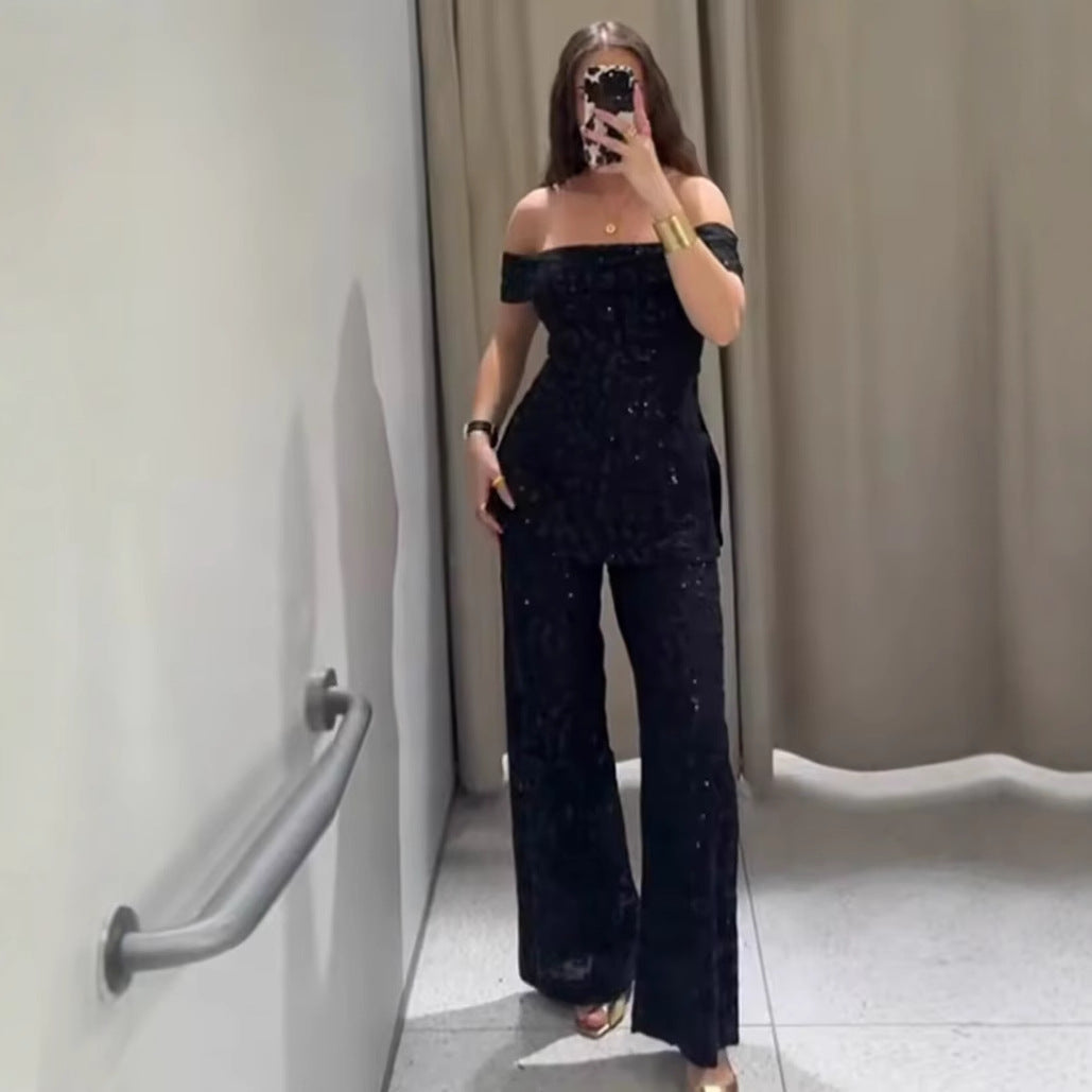 Women's Beaded Strapless Top and Loose Pants