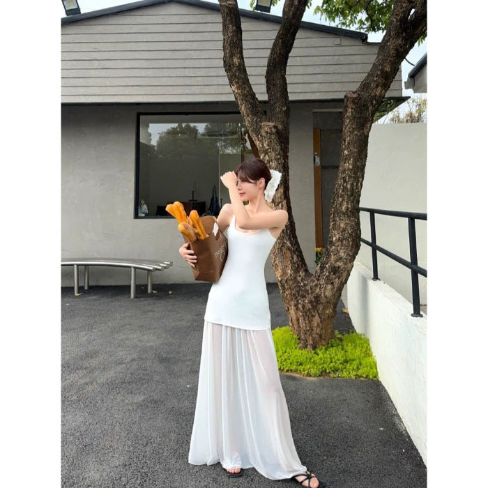 Design Mesh Stitching Suspenders Dress