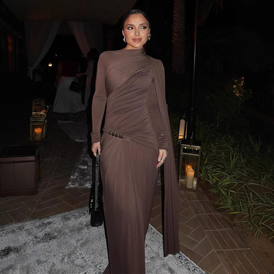 Solid Color Slim Fit Pleated Long Sleeve Dress