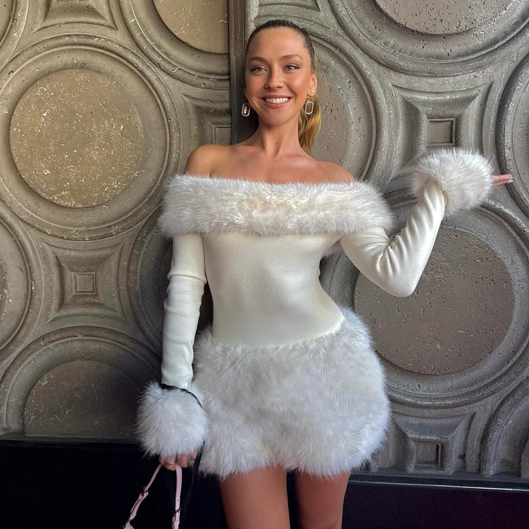 One-Shoulder Fur Knit Dress