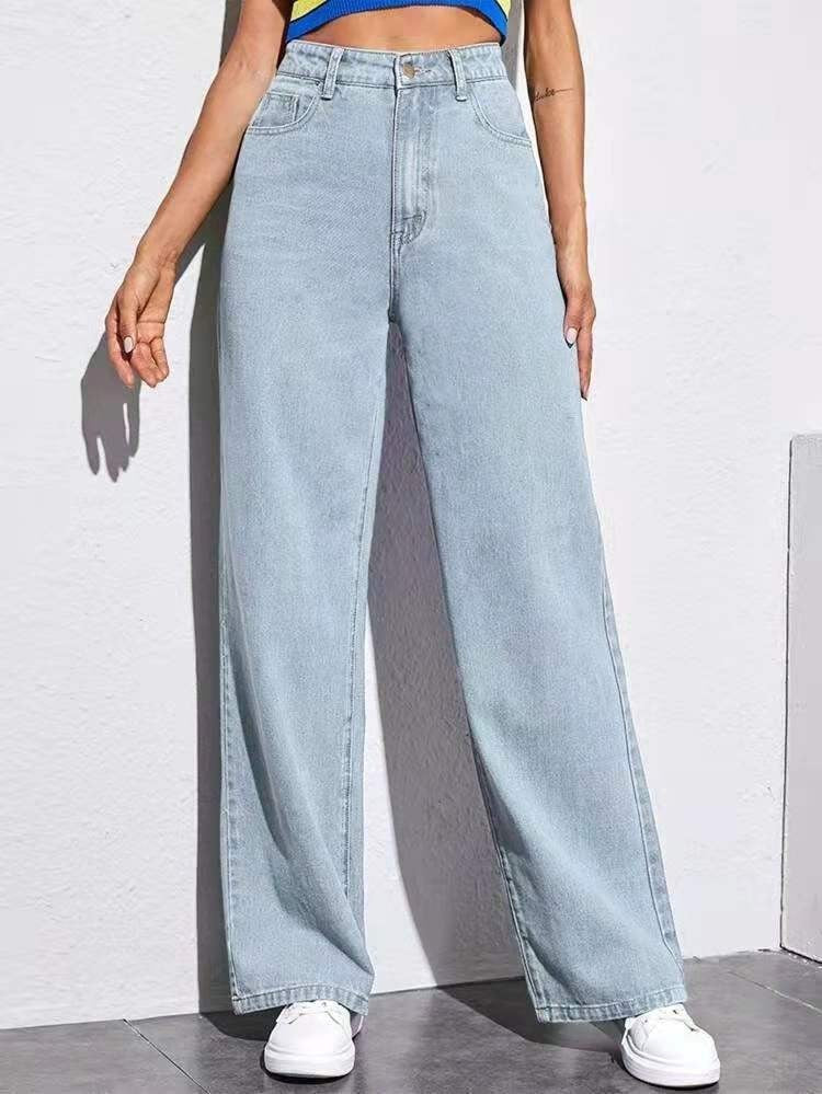 High Waist Slim Straight Denim Trousers