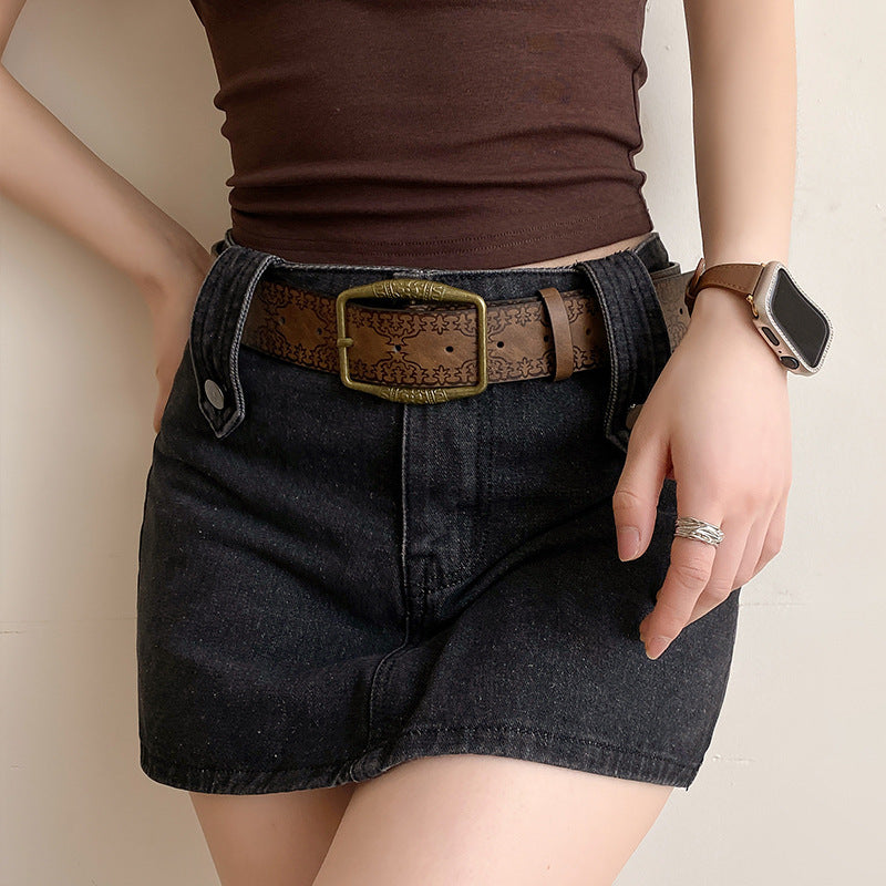 White Embossed Brass Buckle Wide Casual Short Skirt Belt