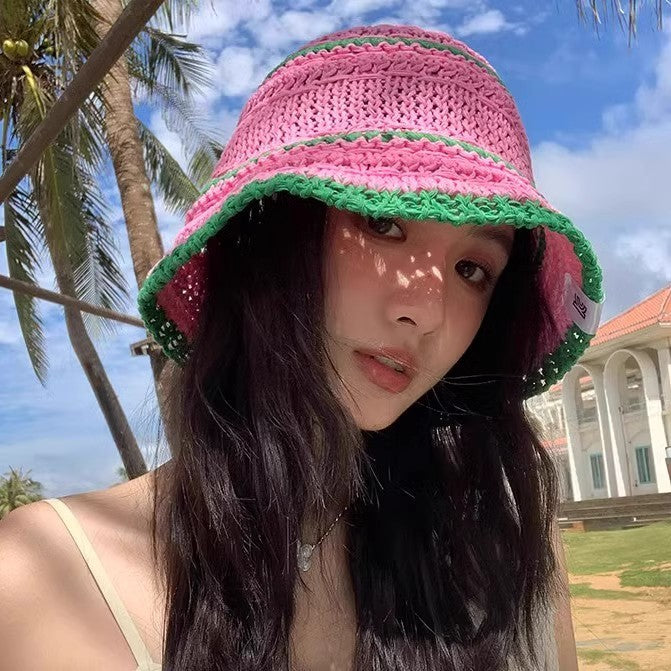 Color Matching Sweet Woven Straw Hat Female Beach Sun-proof Breathable Bucket Hat