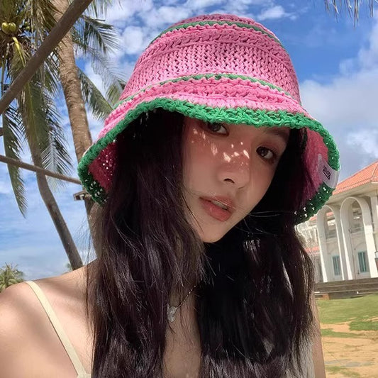 Color Matching Sweet Woven Straw Hat Female Beach Sun-proof Breathable Bucket Hat