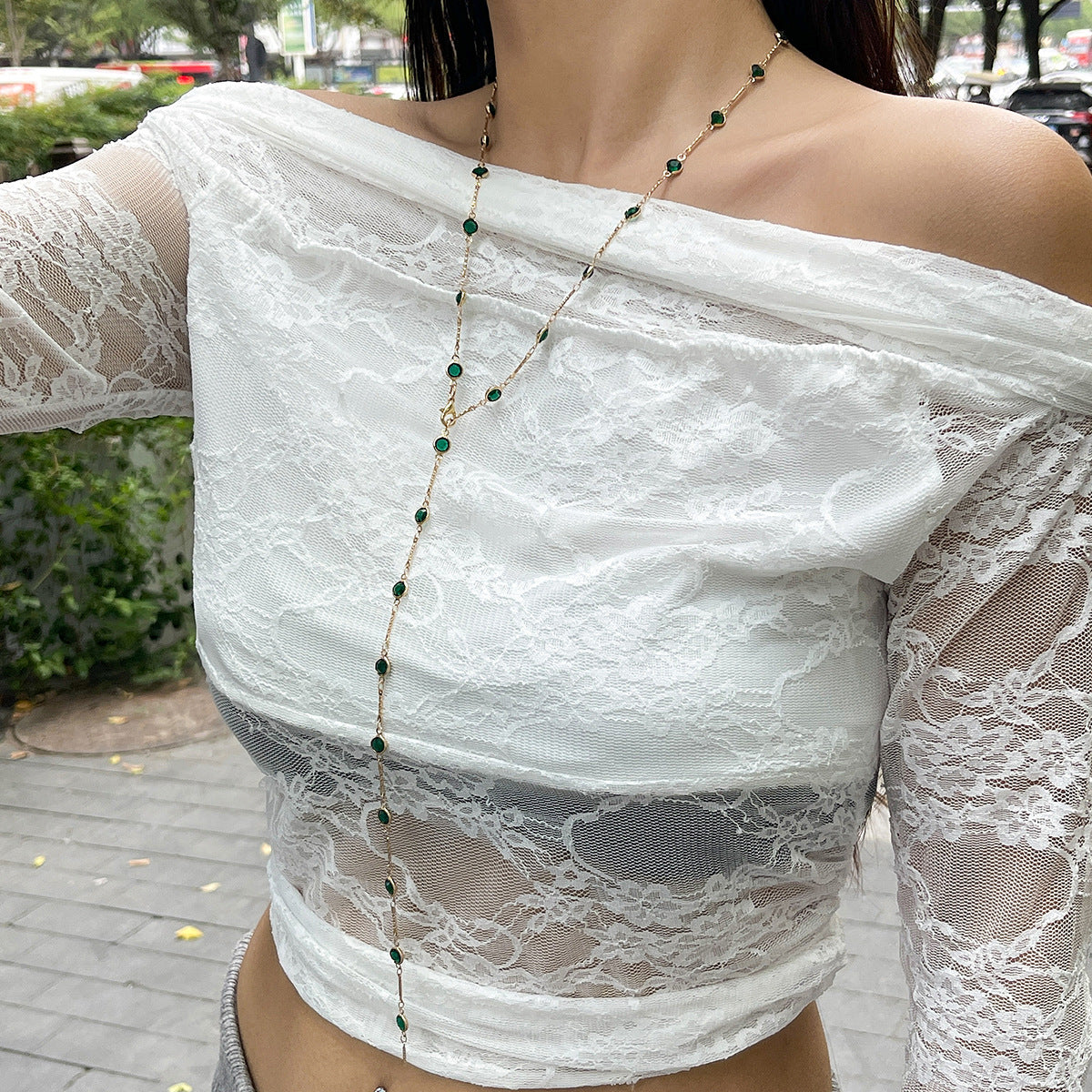 Fashionable colored crystal Y-shaped necklace, simple geometric multi-layer tassel collarbone chain