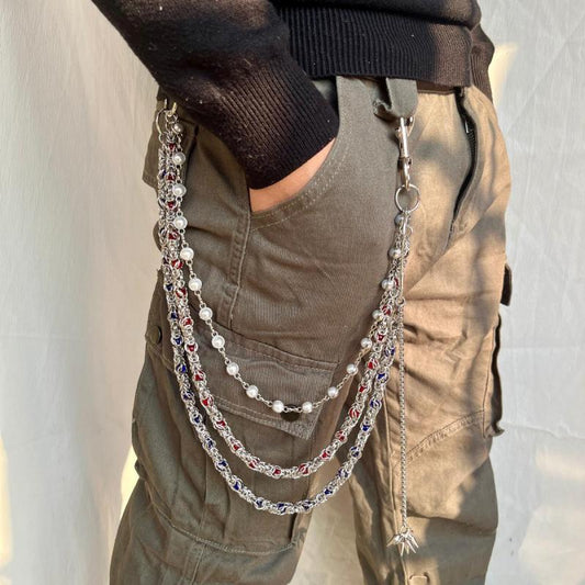 Three-layer Luxury Clip Beads Denim Pants Chain Heavy Industry Punk