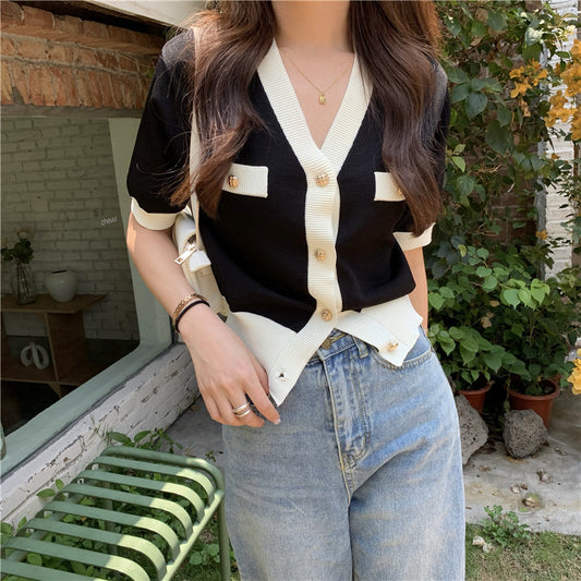 Classic Style Color Matching Ice Silk Short-style Loose Slimming Knitted Thin Top