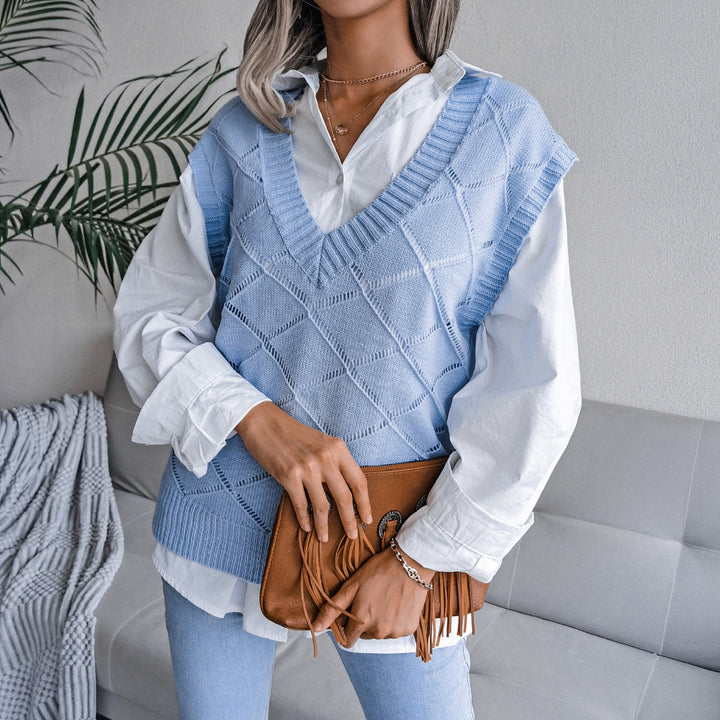 Women's V-neck Hollow Rhombus Casual Knitted Sweater Vest