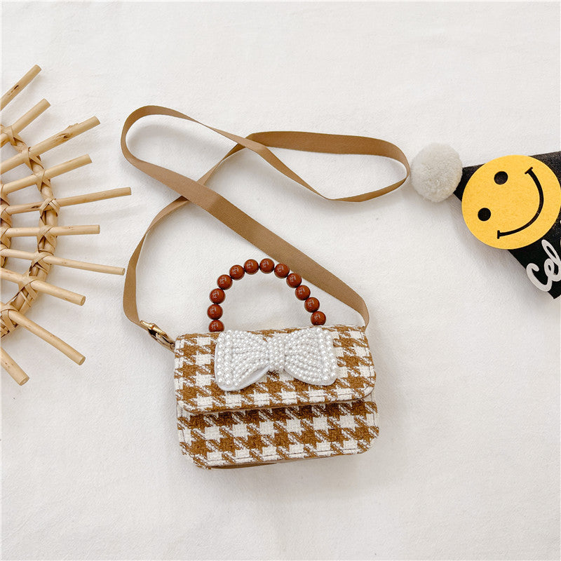 Brown Plaid Crossbody Bag Pearl Tote