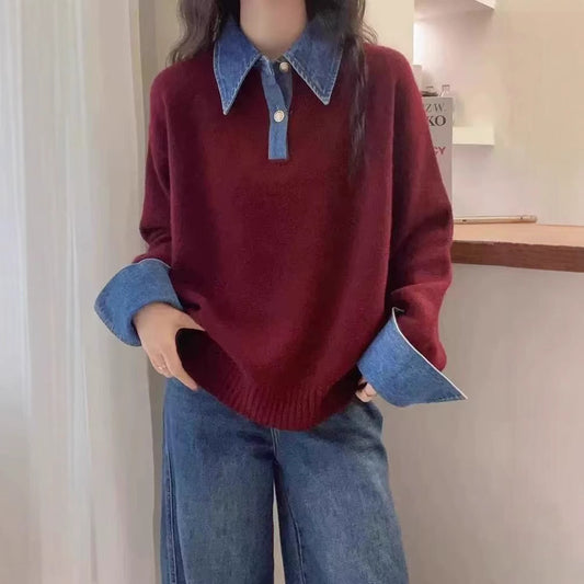 Stand collar denim cardigan