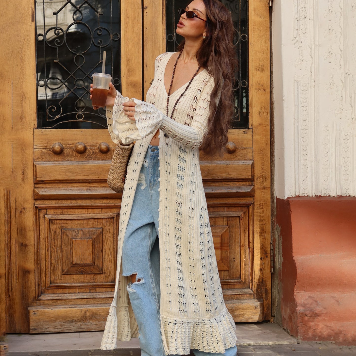 Long Hollow Knit Cardigan