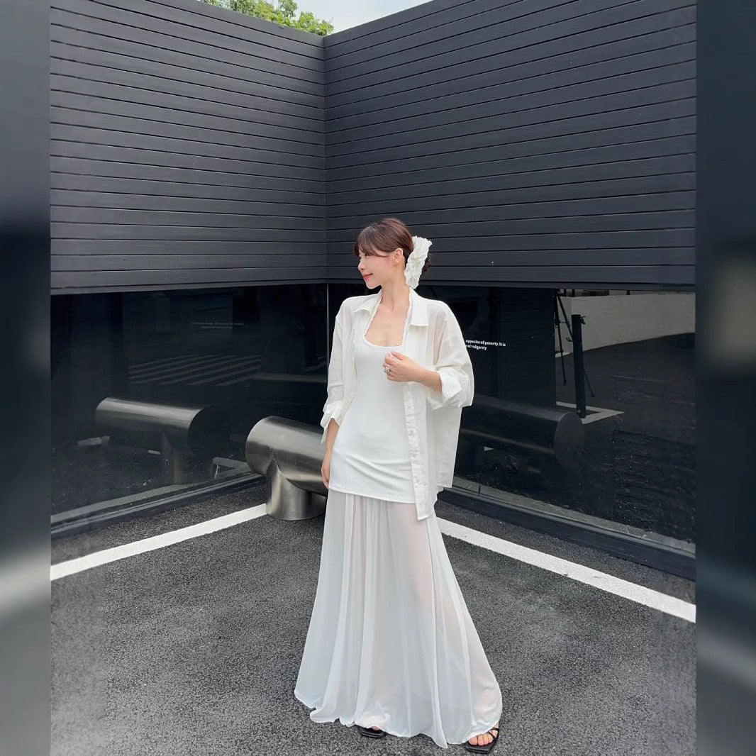 Design Mesh Stitching Suspenders Dress