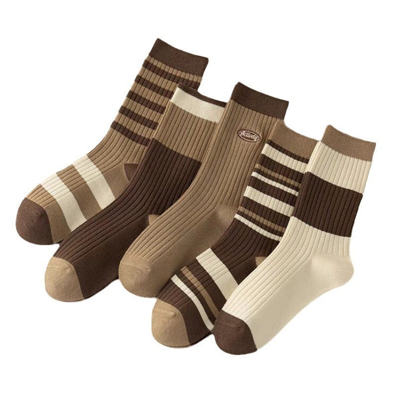 5 Pairs Of Maillard Spring Fashion Women's Mid-calf Socks Thickened Striped