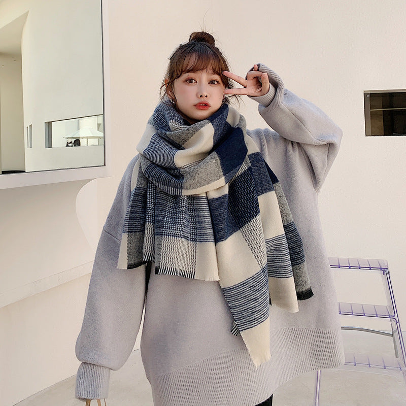 Women's Japanese-style White And Blue Plaid Scarf