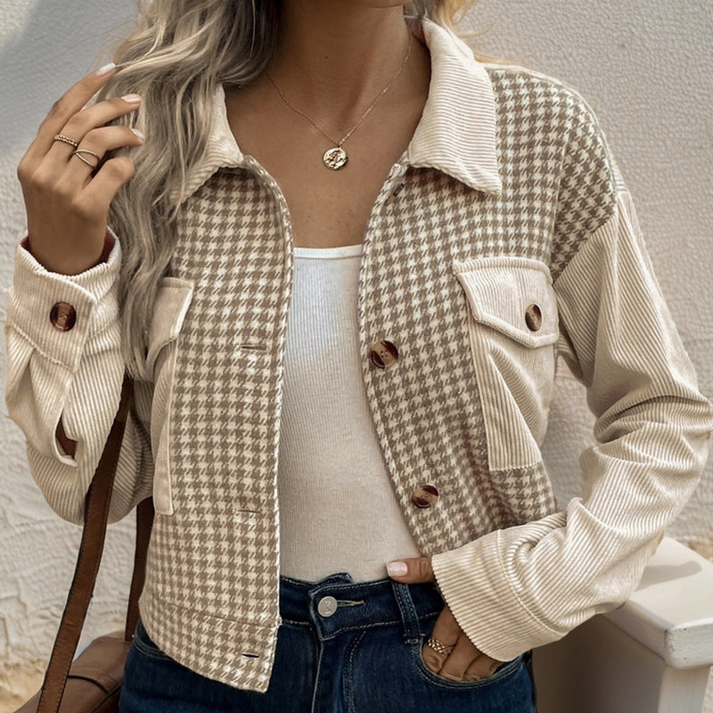 Corduroy Stitching Brushed Houndstooth Coat Women