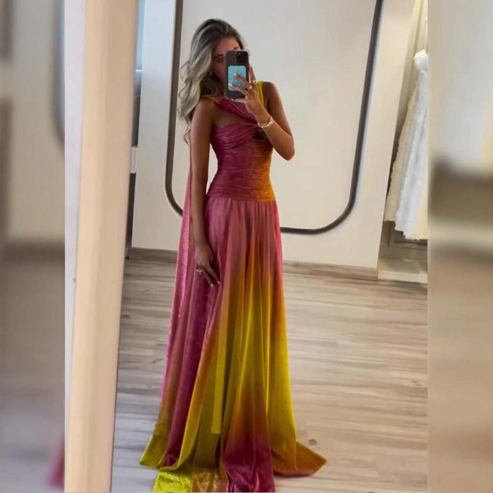 Gradient Printing Pleated Halter Lace-up Waist-tight Short Top Skirt