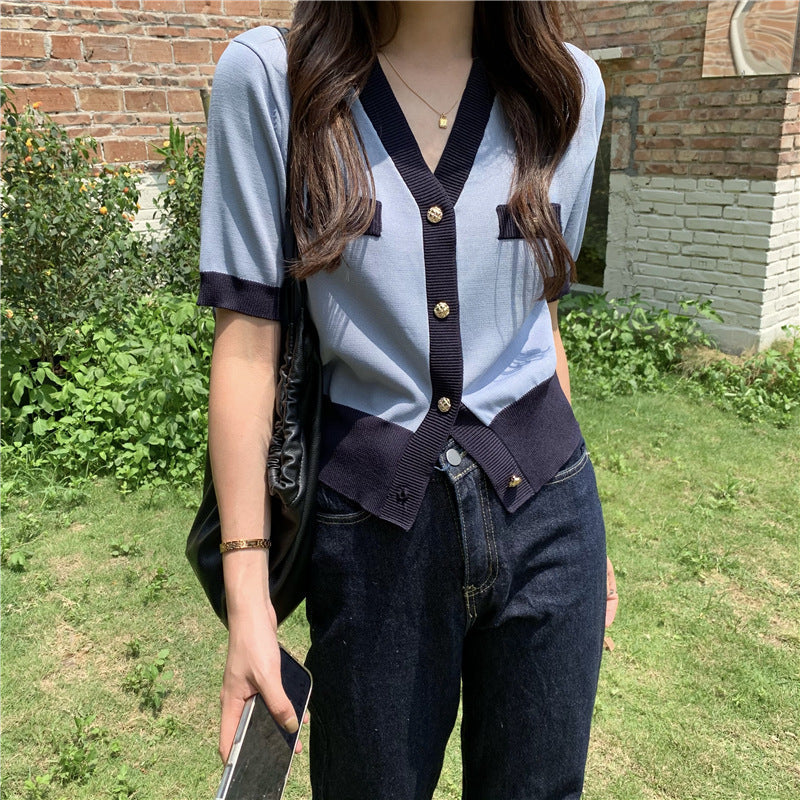 Classic Style Color Matching Ice Silk Short-style Loose Slimming Knitted Thin Top