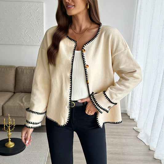 Color-contrasting Stripe Cardigan European And American Ladies Loose Polar Fleece Crew Neck Coat