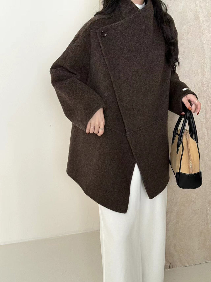 Large Lapel Solid Color One Button Drop-shoulder Sleeve Double-sided Wool Overcoat Coat