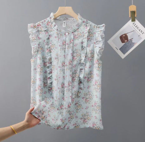 Sleeveless Ruffled Floral Women's Loose Sweet Chiffon Printed Top