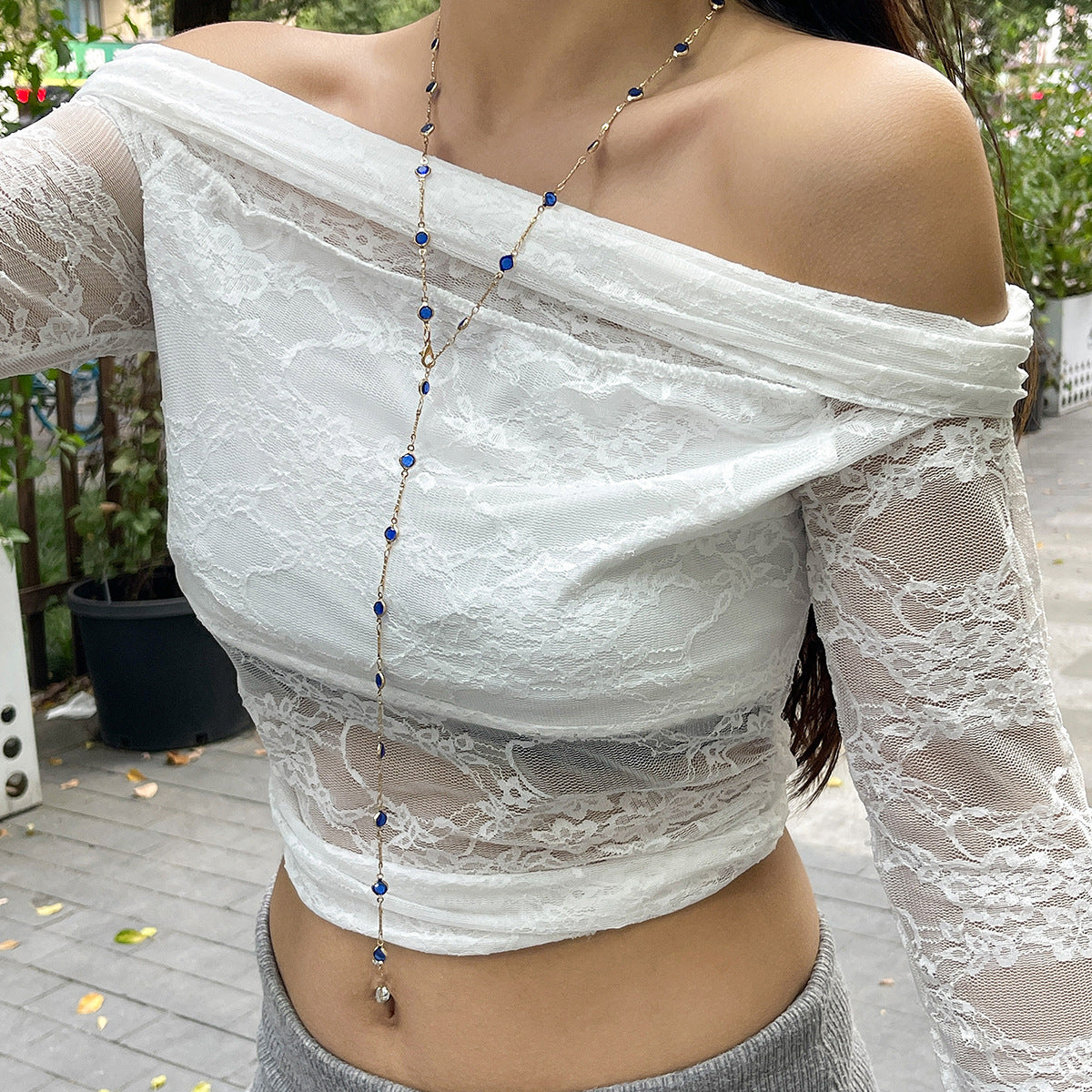 Fashionable colored crystal Y-shaped necklace, simple geometric multi-layer tassel collarbone chain