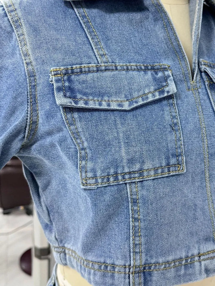 Collar Short Sleeve Top and Skort Denim Set