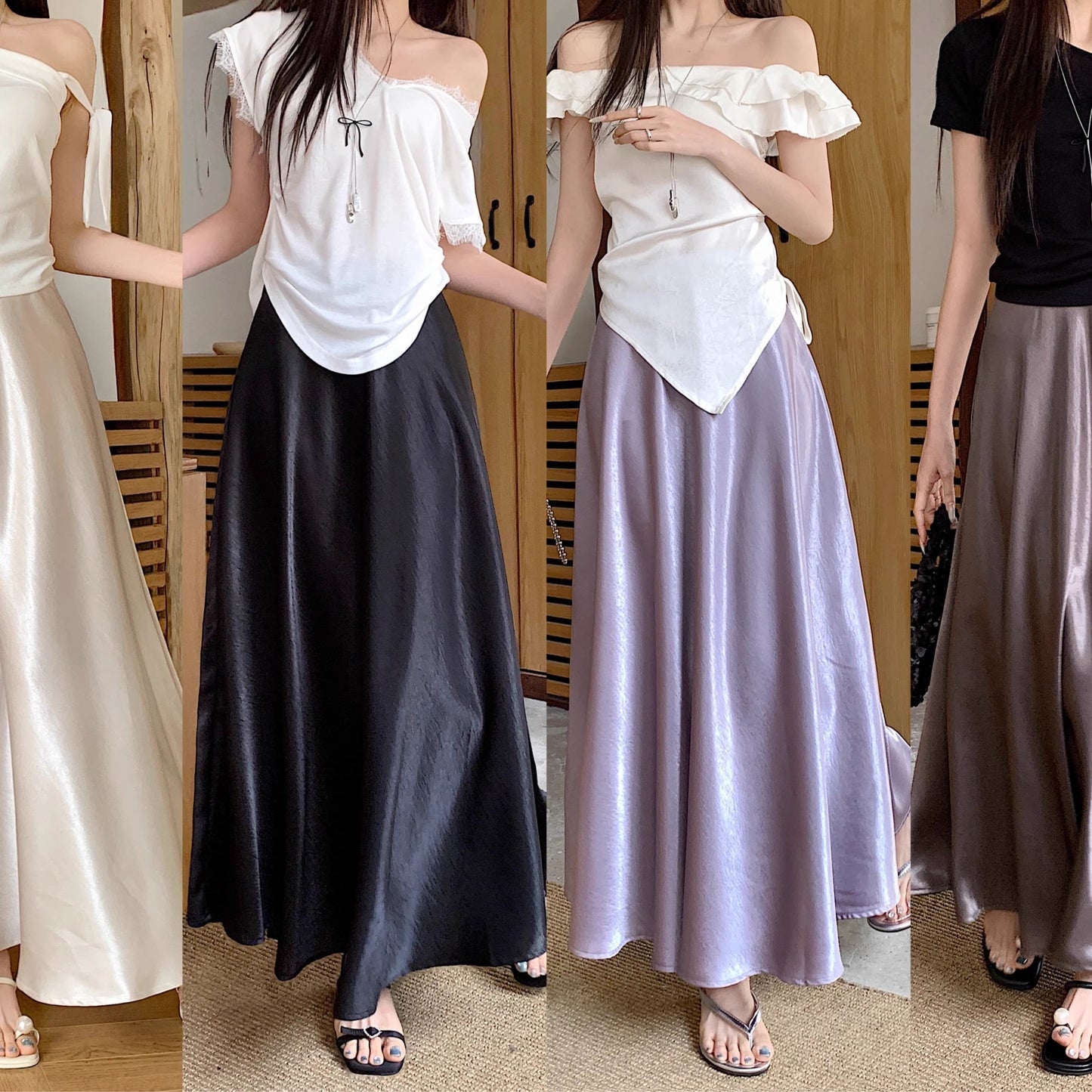 Women's Casual All-match Acetate Satin Draped Solid Skirt
