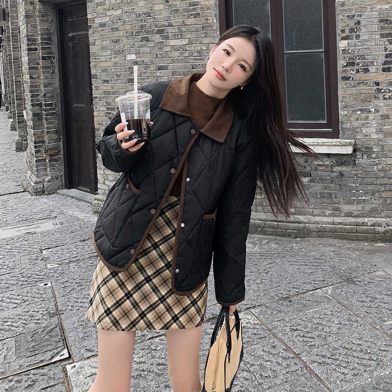 Hit Color Diamond Lattice Design Lapel Winter Lightweight Cotton Coat Coat