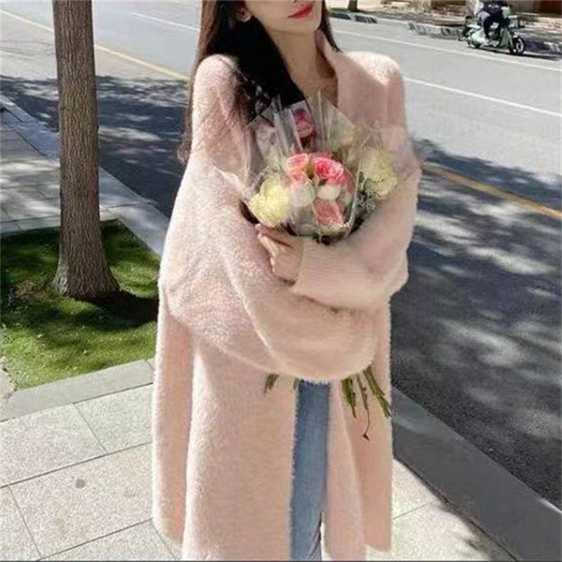 Autumn and winter thick loose cardigan mink fur medium long western-style sweater jacket lazy style long sleeved outer layer knit sweater