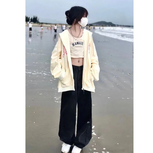 Apricot Sweater Letter Printed Cardigan Zipper Coat