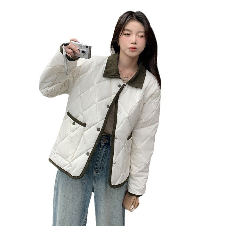 Hit Color Diamond Lattice Design Lapel Winter Lightweight Cotton Coat Coat