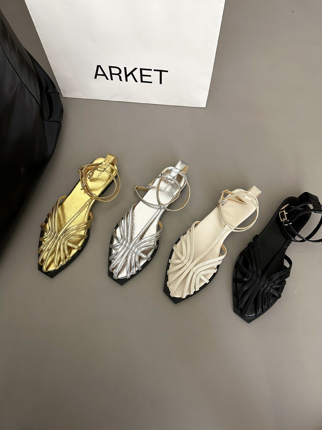 French Knitted Hollow Bow Flat Bottom Women's Sandals with Gold and Silver Open Toe Wrist Wrap and One Word Strap Shoes