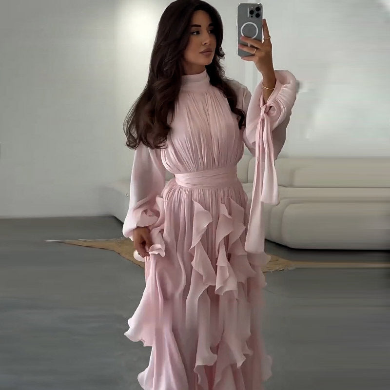 Elegant Pleated Ruffled Slim Fit Dress