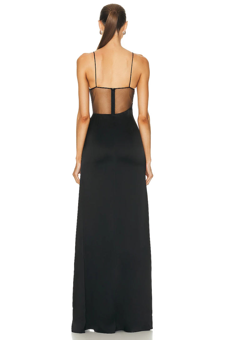 Women'S Sexy Spaghetti Strap Nude Mesh Patchwork Black Bandage Starfish Decoration High Split Maxi Long Party Dress