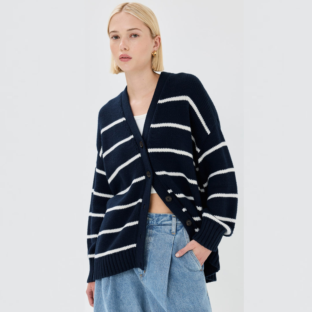 Women's Striped Knitted V-neck Cotton Striped Sweater