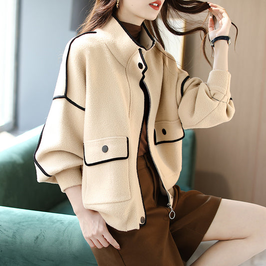 Short Woolen Coat with Zipper Pockets