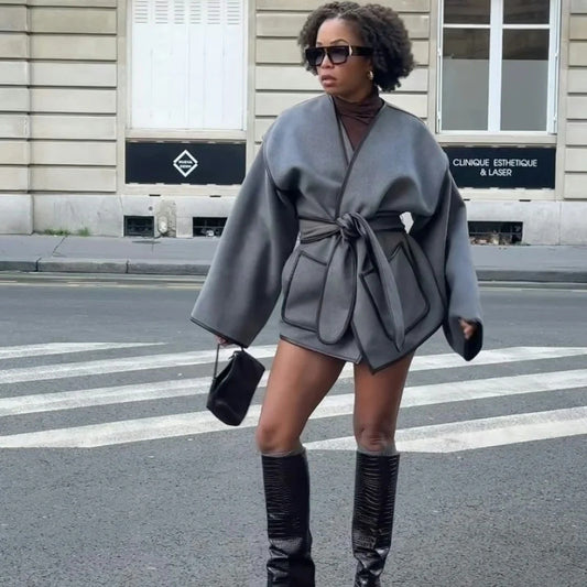 Vintage gray waistband coat woolen coat