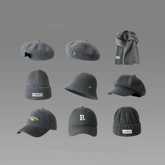 Gray Wool Beret Female Warm Knitted Hat