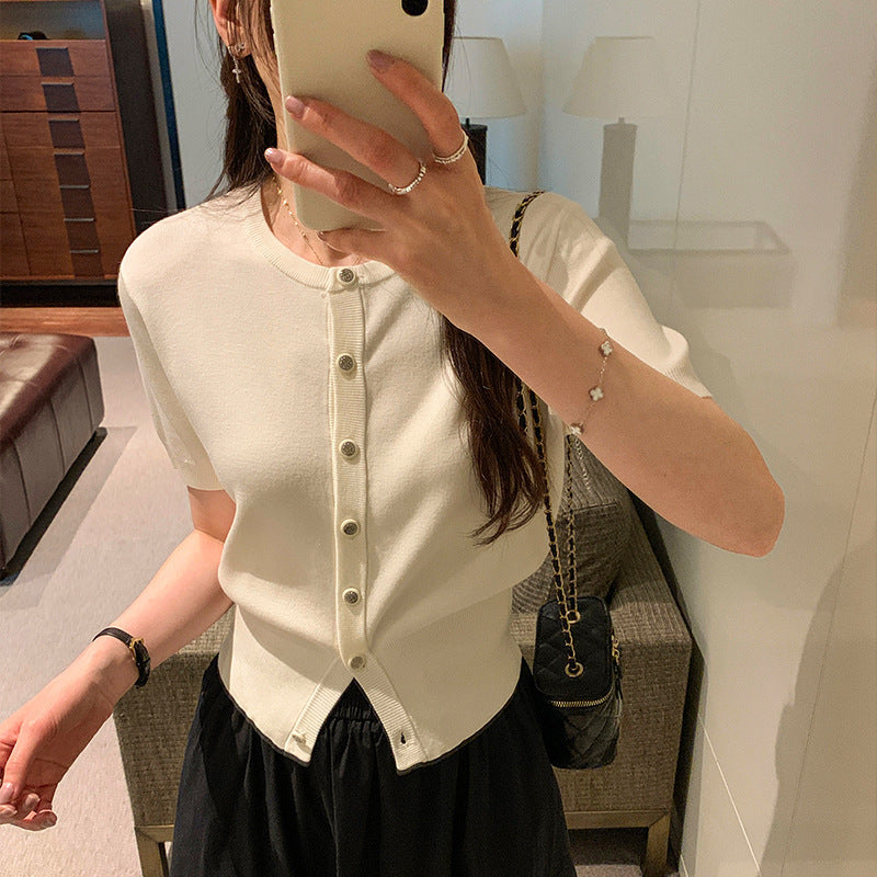 French Style Unique Temperament Crew Neck Short Sleeve Knitted Cardigan