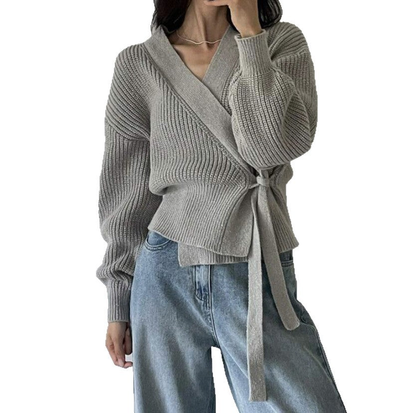 V-neck Waist-controlled Lace-up Sweater